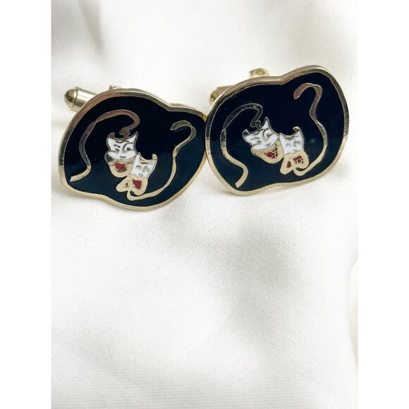 Vintage Theater Mask cufflinks black enamel Comedy Tragedy - Picture 3 of 4